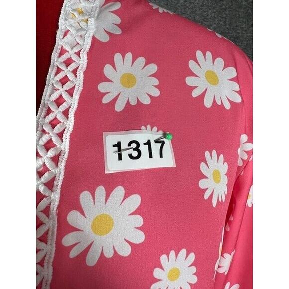 Pink W/Daisy Print Summer Dress Sz Large Baby Doll Bell Sleeves Beach Cover - Picture 6 of 6